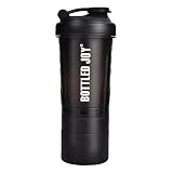 BOTTLED JOY Protein Shaker Bottle with 3-Layer Twist and Lock Storage, 100% BPA-Free Leak Proof SportMixer Fitness Sports Nutrition Supplements Non-slip Mix Shake Bottle 20oz 600ml (Black)
