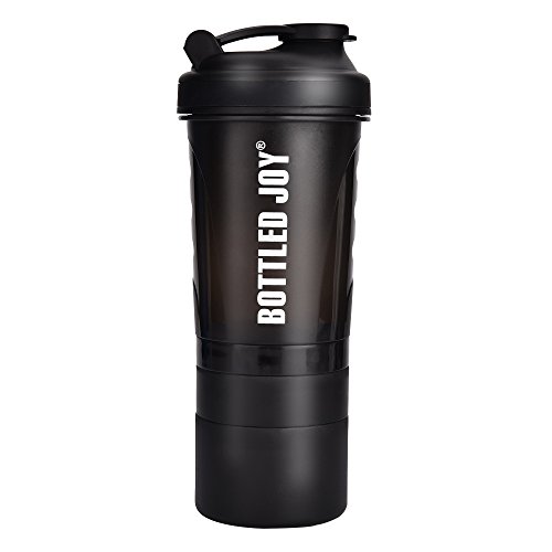 BOTTLED JOY Protein Shaker Bottle with 3-Layer Twist and Lock Storage, 100% BPA-Free Leak Proof SportMixer Fitness Sports Nutrition Supplements Non-slip Mix Shake Bottle 20oz 600ml (Black)