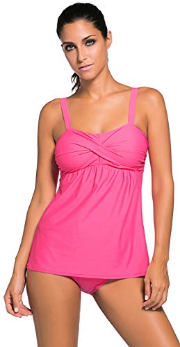 ZNCMRR Women's Solid Ruched Tankini Top Swimsuit with Triangle Briefs Plus Size (Rose Red, XXL) - Thumbnail 2
