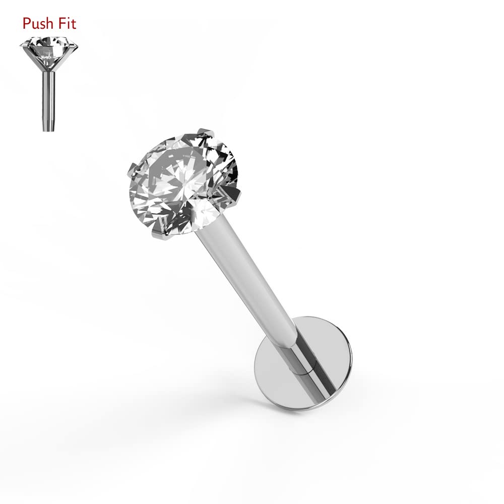 AZARIO LONDON 14K Solid White Gold 16 Guage Hollow Internal Lip Labret with 3MM Clear CZ Stone Tragus Bar Piercing