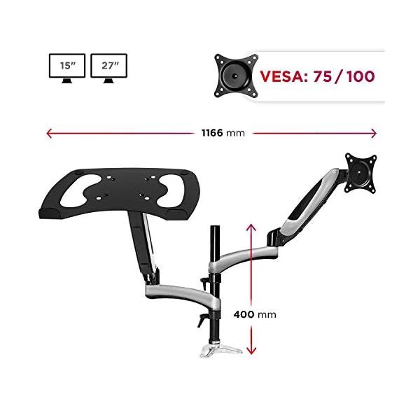 Soporte Pantalla de 15" a 27" + Plataforma Suplementaria Ordenador Portátil o Teclado con Brazo de 57 cm - Sistema de Muelle a Gas - Imagen 4