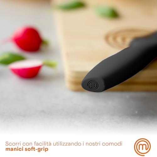 MasterChef Set Coltelli da Cucina con Ceppo Universale, Portacoltelli con Lama Affilato per Pane, Carne, Verdure e altro, Acciaio Inox, Prova di Calore, Manici Neri, 5 Pezzi, Nero