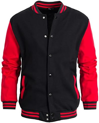 ililily Men Two-Tone Slim Fit Casual Baseball Bomber Varsity Jacket Outerwear , Black Red, US-Medium