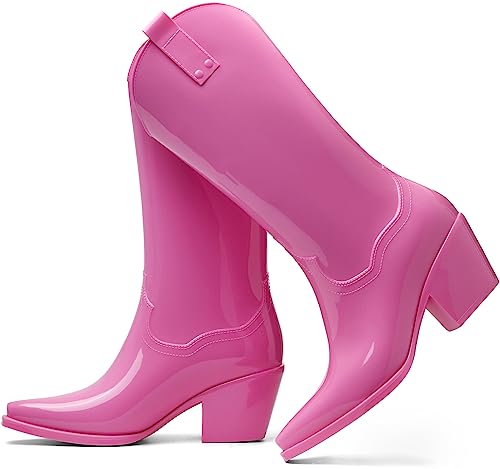 TINSTREE RAIN BOOTS FOR WOMEN TALL KNEE HIGH COWGIRL BOOTIES CHUNKY RAIN BOOTS SLIP ON RAINBOOTS GARDEN RAIN SHOES FOR YARD FARM OUTDOOR WORK PINK,11