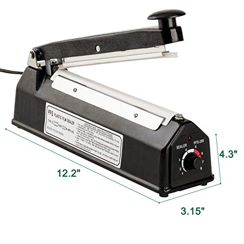 ROVSUN 8 Inch/200mm Manual Impulse Heat Sealer Machine Plastic Shrink Wrap Cellophane Poly Mylar Bags Sealing Closer with Two Replacement Kits, Black