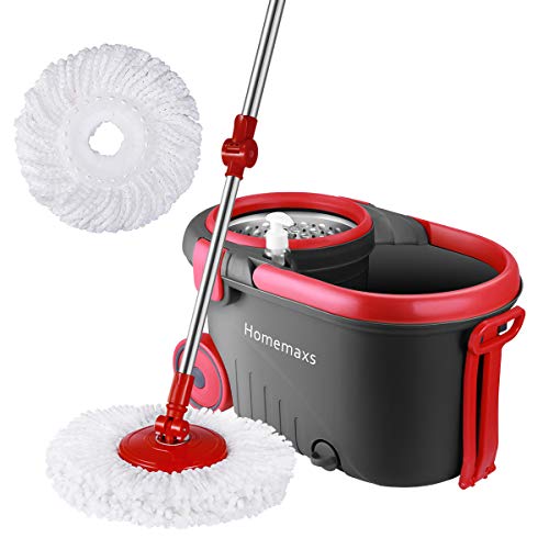 Homemaxs Spin Press Mop Bucket, Spin Self-Wringing Mop and Bucket with Wheels - Extended Length Adjustable Mop with 2 Extra Microfiber Mop Heads - Black