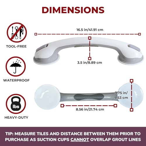 Safe-er-Grip Changing Lifestyles Suction Cup Grab Bars For Bathtubs & Showers; Safety Bathroom Assist Handle, White & Grey, 16 Inches