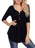 BLENCOT Women's Casual 3/4 Sleeve Button up Flare Tunic T-Shirt Pleated Solid Swing Blouse Tops