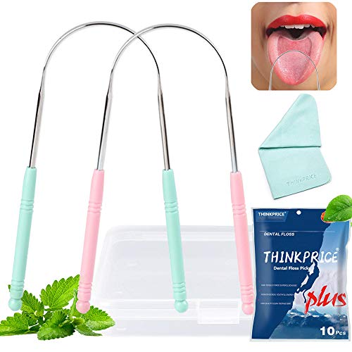 Tongue Scraper Cleaner with Travel Handy Case & Cleaning Cloth & 10 Pack Dental Floss Picks, 2 Pack Medical Grade Stainless Steel Metals Scraper for Healthy Oral Care,Kids,Adults, Easy to Use Antimicr