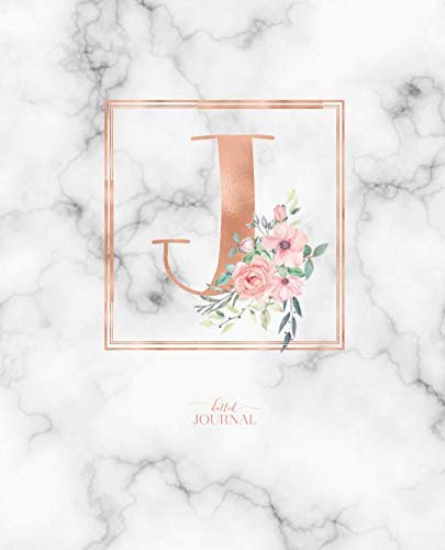 Dotted Journal: Dotted Grid Bullet Notebook Journal Rose Gold Monogram Letter J Marble with Pink Flowers (7.5