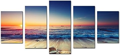 5 panels Framed Wall Art Waves Painting on Canvas Red Sunset Sunrise Colorful Sea Fish Boats
