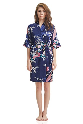 J.ROBE Women's Printing Lotus Kimono Robe Short Sleeve Silk Bridal Robe Navy XL