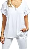 Women's Casual V-Neck Roll Over Short Sleeve Solid Loose T-Shirt Blouse