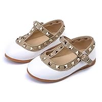 Beau Today Girls Rivet Flat Shoes Leather Princess Shoes Girls Dress Shoes Baby Girls T-Strap Rivet Studded (7 M US Toddler, White)