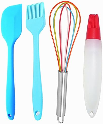 Silicone Kitchen Utensil Set of 4 - Pastry Basting Oil Brush, Whisk,Spatula Scraper Dishwasher Safe For Baking, Grilling, Baster and Barbecue Tools