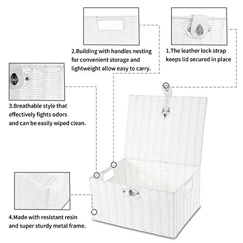 Honygebia White Woven Storage Baskets Decorative Nesting Boxes with Lids and Locks, Easy Clean