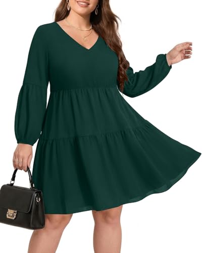 Pinup Fashion Emerald Green Plus Size Long Sleeve Fall Babydoll Tunic Dress at Amazon