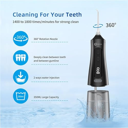R REVA Professional Water Flosser - Cordless Oral Irrigator with 360° Nozzle, 350ML Reservoir, IPX7 Waterproof, Rechargeable - Dental Floss Tool for Teeth, Braces & Gums - Black (M131)