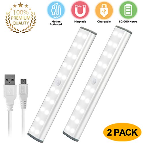 Under Cabinet Lighting,Closet Lights Motion Sensor Light 20 LED Rechargeable Under Cabinet Lights Wireless LED Kitchen Cabinet Lights Under Counter Lighting Magnetic Closet Lighting 2 Pack (White)