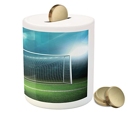 Soccer Piggy Bank by Ambesonne, Soccer Goal Post Sports Area Winner Loser Line Floodlit Best Team Finals Game Theme, Printed Ceramic Coin Bank Money Box for Cash Saving, Green Blue