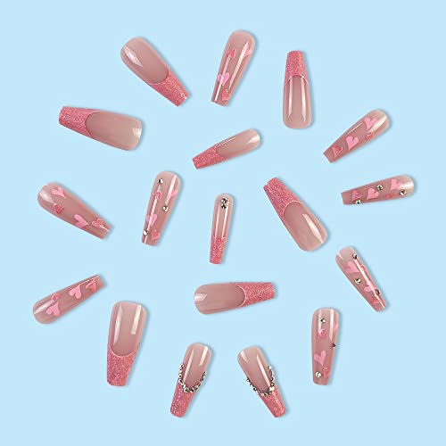 BABALAL Coffin Press on Nails Long Fake Nails Pink French Glue on Nails Shiny Rhinestone Acrylic Nails Heart Ballerina Stick on Nails 24Pcs Valentine's Day False Nails for Women and Girls - Image 2