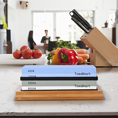 Towallmark Knife Sharpening Stone Kit 4 Side Grit 400/1000 3000/8000, 9 Pack Professional Complete Kitchen Whetstone Set with Anti-Cut Gloves, Flattening Stone