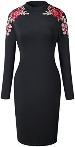 Victorcn Women Long Tight Sexy Embroidery Pencil Stand Collar Dress Ladies Dress (XXL, Black)