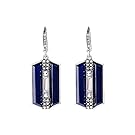 Silver Tone Art Deco Antique Vintage Style Blue Sapphire Rhinestone Geometric Dangle Earrings