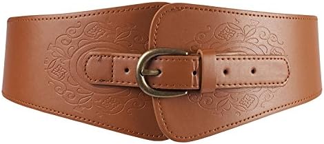 Women Retro Floral Embossed Elastic Stretch Belt Corset Waistband Brown