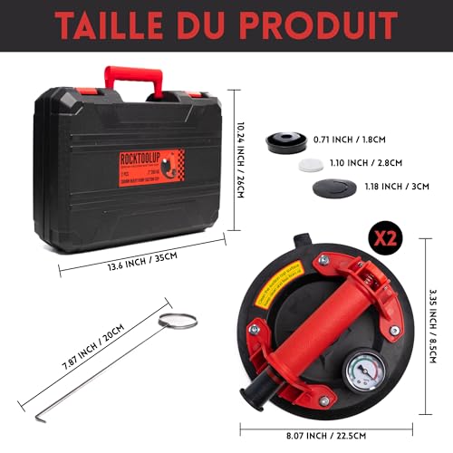 RockToolUp 2 Tile Suction Cups 200 mm with Pressure Gauge – Capacity up to 400 kg Professional Glass Suction Cup, Powerful Tool for Tiles, Windshield, Furniture, Moving – Kit & Case Included