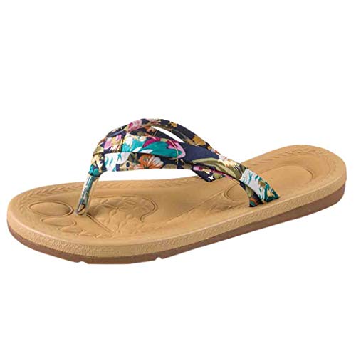 Beach Flip Flop for Women, Summer Floral Print Sandals Non-Slip Flat Sandals Sweet Flower Slippers Shoes (6 B(M) US, Blue)