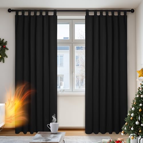 Deconovo Verdunkelungsvorhang Blickdicht Thermogardine Kälteschutz Schlaufen, 200x140 cm(HöhexBreite), Schwarz, 2er Set