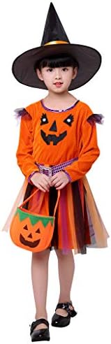 Tensay Toddler Kids Baby Girl Formal Halloween Tulle Princess Dress Outfits Costume Pumpkin Print Shine Crystal Belt with Hat and Bag