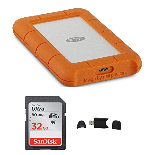 LaCie Rugged USB-C 4TB Portable External Hard Drive + SanDisk Ultra 32GB 80MB/s SD Card + MMC MultimediaCard & SD Secure Digital Reader USB Bundle (Best Portable Hard Drive With Sd Card Reader)