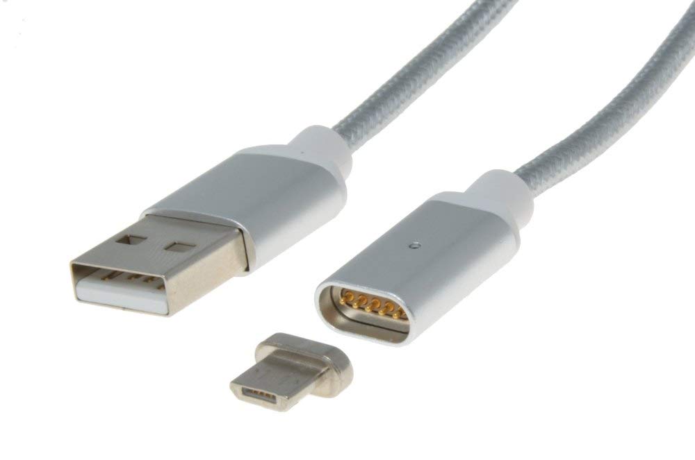PremiumCord Magnet USB Micro USB Connection Cable 1 m USB A Male to Micro B Male USB 2.0 High Speed Data Cable 5 Pins 2x Shielded AWG28 Colour Silver Length 1 m