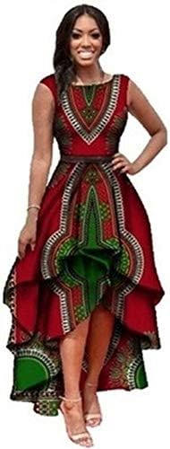 Yeshire Womens African Print Sleeveless High Low Dashik Formal Prom Peplum Flare Midi Party Dress