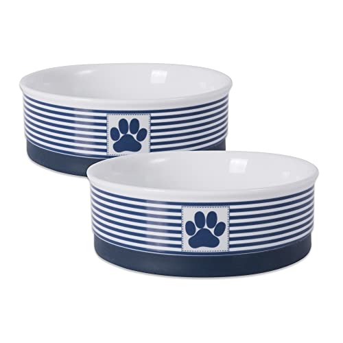 Bone Dry Paw Patch & Stripes - Colección de Cuencos y recipientes de cerámica para Mascotas, Juego de Cuencos medianos - 6 x 6 x 2, Azul náutico, 2 Piezas