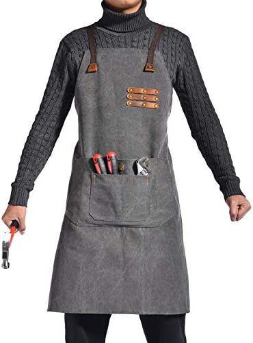 Canvas Work Apron with Pockets for Men & Women| Heavy Duty Tool Apron Adjustable Cross-Back Straps Shop Apron M to XXL(Grey)