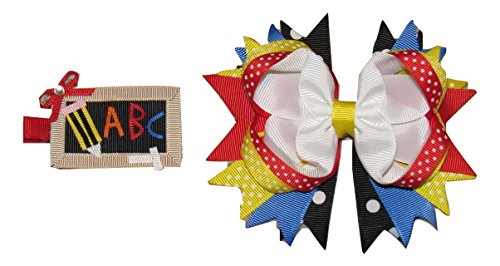 NEW "ABC CHALKBOARD" Girls Ribbon Hairbow Clip Bow Sculpture Back To School Clippie (2 Bow Set) Boutique Kindergarten 1st 2nd 3rd 4th 5th Grade Apple