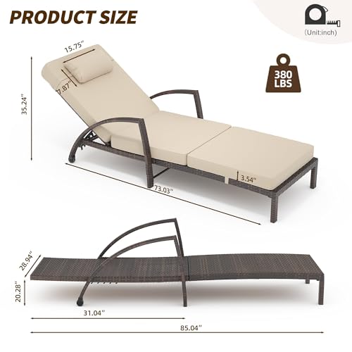 EliteEdge Outdoor Chaise Lounge Set of 2, Patio Rattan Chaise Lounge Chair with Cushions, 5-Position Adjustable Backrest Sun Lounger for Poolside, Garden, Backyard, Brown Rattan