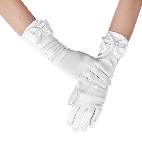 Long Satin Formal Gloves,Kids Size Full Finger with Pearl Bowknot for Girls Children Wedding Dress Evening Party Pageant,Elbow Length 10BL,White