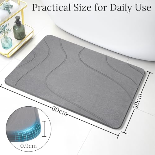 Euqvunn Non Slip Diatomite Bath Mat 60 x 39 cm - Absorbent Stone Anti-Mildew Quick Drying Bath Mat for Bathroom, Kitchen and Bathtub - Grey