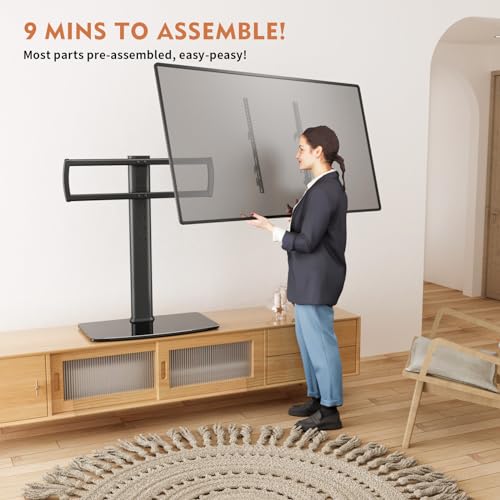 Hemudu Universal TV Stand/Base Tabletop TV Stand with Wall Mount for 40 to 86 inch 5 Level Height Adjustable, Heavy Duty Tempered Glass Base, Holds up to 66kgs Screens, HT03B-003P