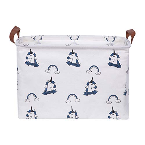 TIBAOLOVER Square Natural Linen & Cotton Fabric Storage Bin with Handles for organizing Kids Toy/Playroom Organization/Toy Bin/Closet/Shelf Baskets/Baby Hamper (Blue Unicorn)
