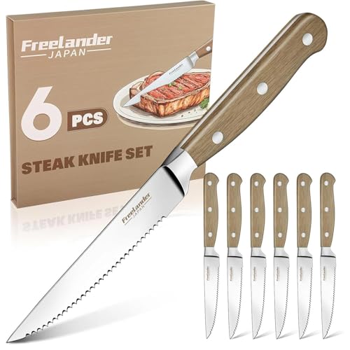 Freelander 6-piece Meat Knife Set, Table Knives with Serrated Edge and Ergonomic Wooden Handle, Sharp Steak Knives for Cutting Steak and Meat