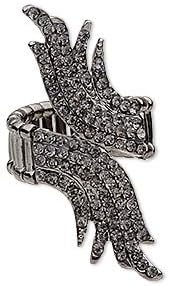 Antiqued Gunmetal Grey Wings Rhinestone Pewter Stretch Ring