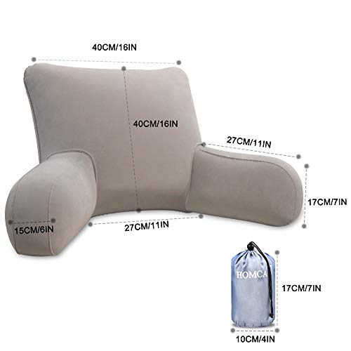 HOMCA Reading Pillow, Inflatable Bed Rest Pillow with Armrest Great as Backrest for Adults, Teens and Kids, Gray