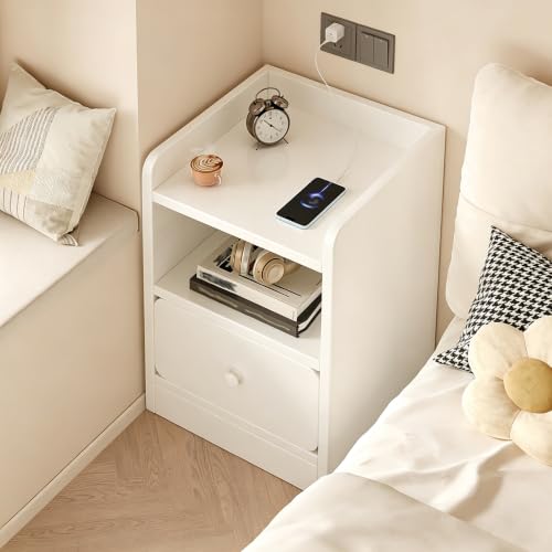 Beauenty Bedside Table Narrow Nightstand, Single Drawer Gap Bedside Cabinet, 30cm Wide Simple Night Stand for Rental Apartment, Small Bedroom, Living Room (White) (30 * 30 * 50CM)