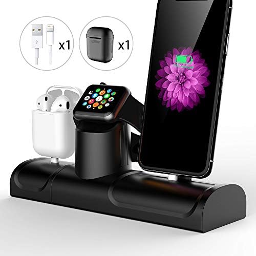 Charging Stand for Apple Watch iPhone and AirPods Silicone Charger Dock Station 3 in 1 Support for Apple Watch Series 3/2/1/AirPods/iPhone X/8/8 Plus/ 7/7 Plus /6s Black (Black)