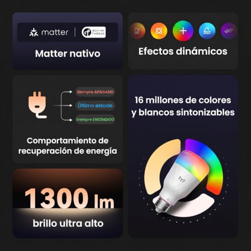 Yeelight Bombilla Inteligente E27 LED 11W 1300 lm RGBCW, Bombilla Alexa Matter, Regulable, 16 Millones de Colores, 2700K-6500K, Ahorro Energético, para Domotica, Hub Requerido